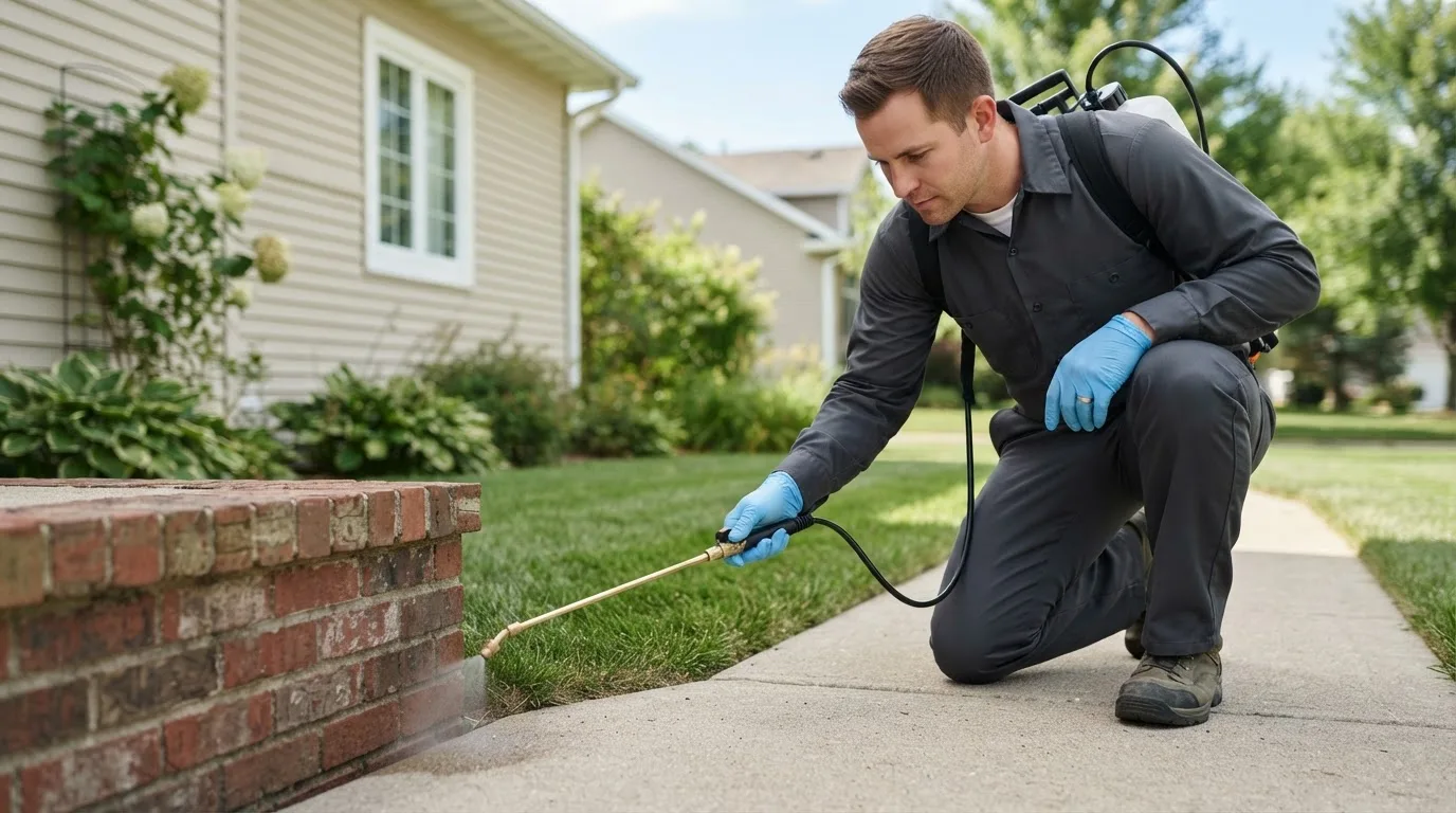 Pest control technician treating a home near Leslie, AR